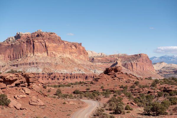 red rock canyon walls in Capitol Reef National Park with winding drive