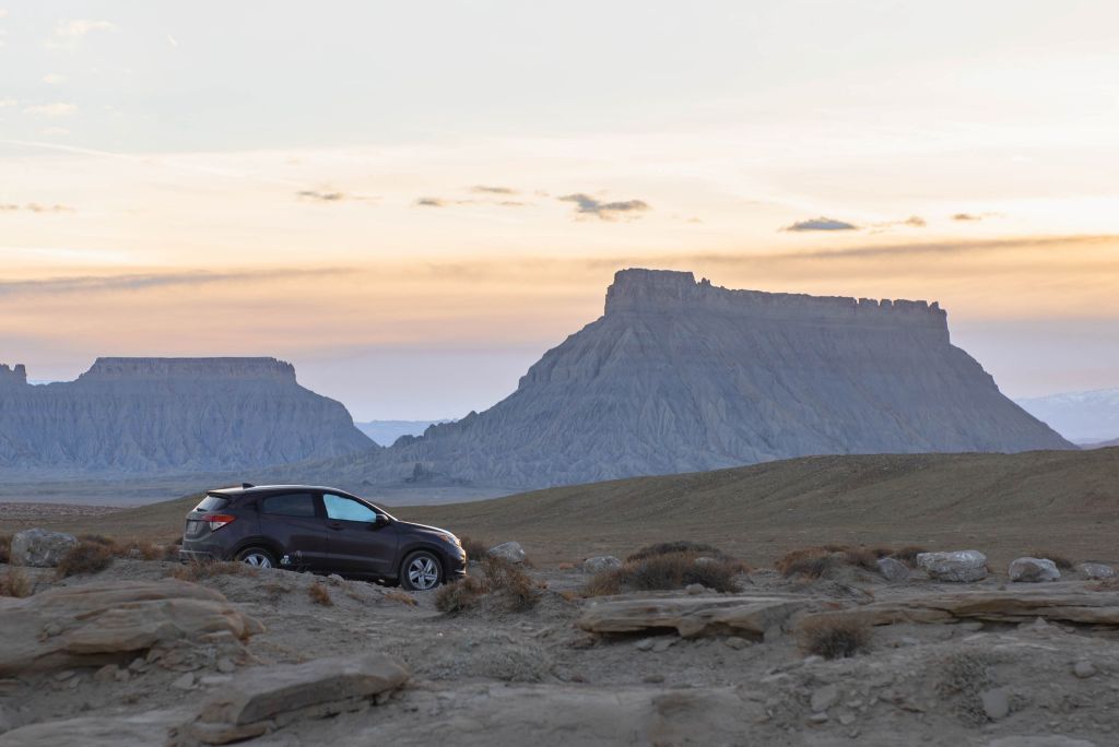 Purple Honda HRV in Utah desert near Capital Reef National Park