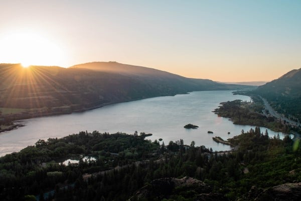 The Columbia River Gorge viewed from Rowena Crest Viewpoint at Sunrise