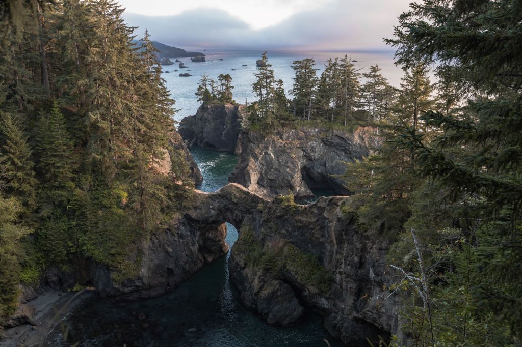 View of Samuel H Boardman Corridor Natural Bridge on the Oregon Coast at sunset