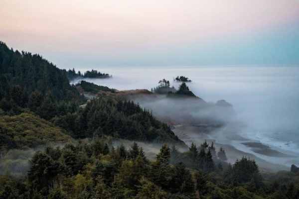 The Oregon Coast at sunset with fog covering the beach and the 101 visible on a road trip