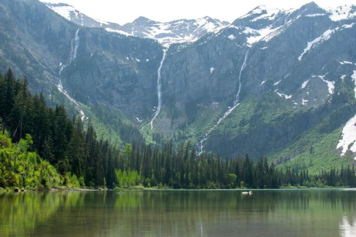 View of waterfalls into Avalanche Lake in Glacier National Park