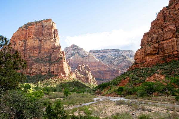 view of Zion Canyon including the angels landing hike in the early morning