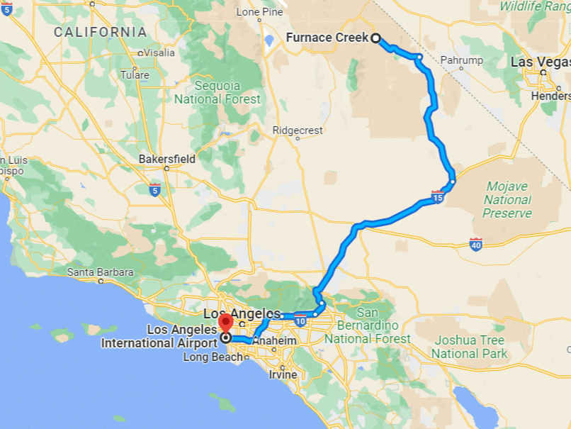 Map from Death Valley National Park to Los Angeles- from Google Maps