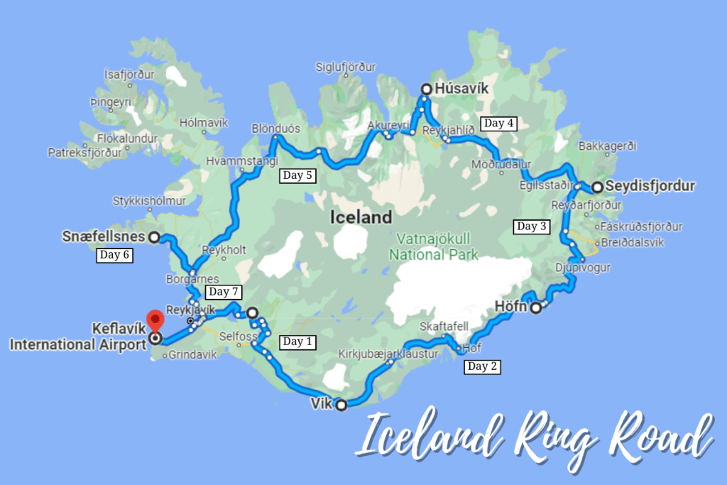 Map of the Iceland Ring Road 7 day itinerary