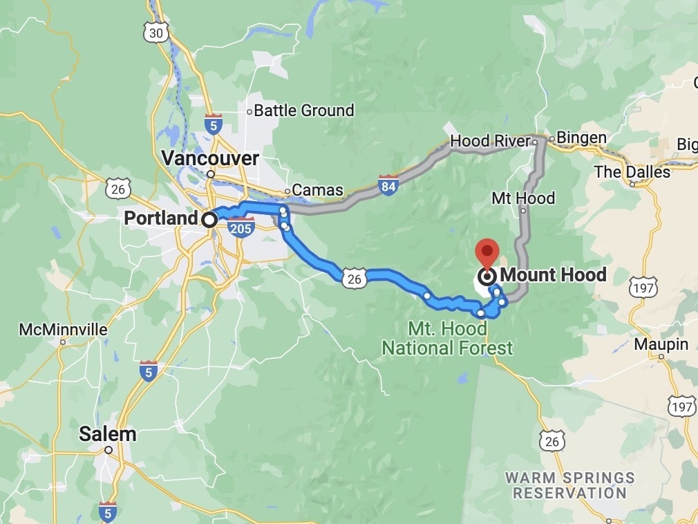 Map of Driving From Portland to Mount Hood 