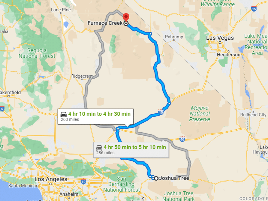 Map from Joshua Tree to Death Valley National Park- from Google Maps