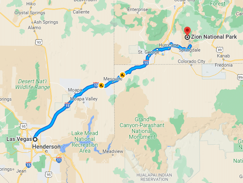 map and distance from Las Vegas to Zion National Park