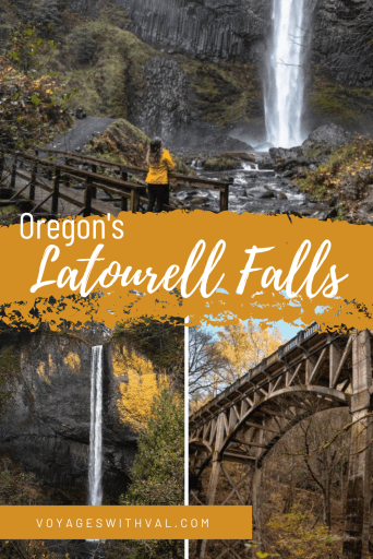 girl in yellow jacket at Latourell Falls, waterfall in the Columbia River Gorge, bridge