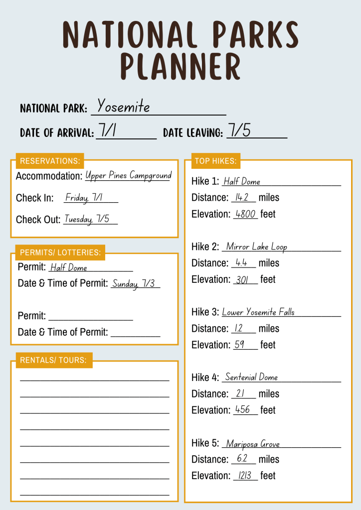 Example of National Parks Planner