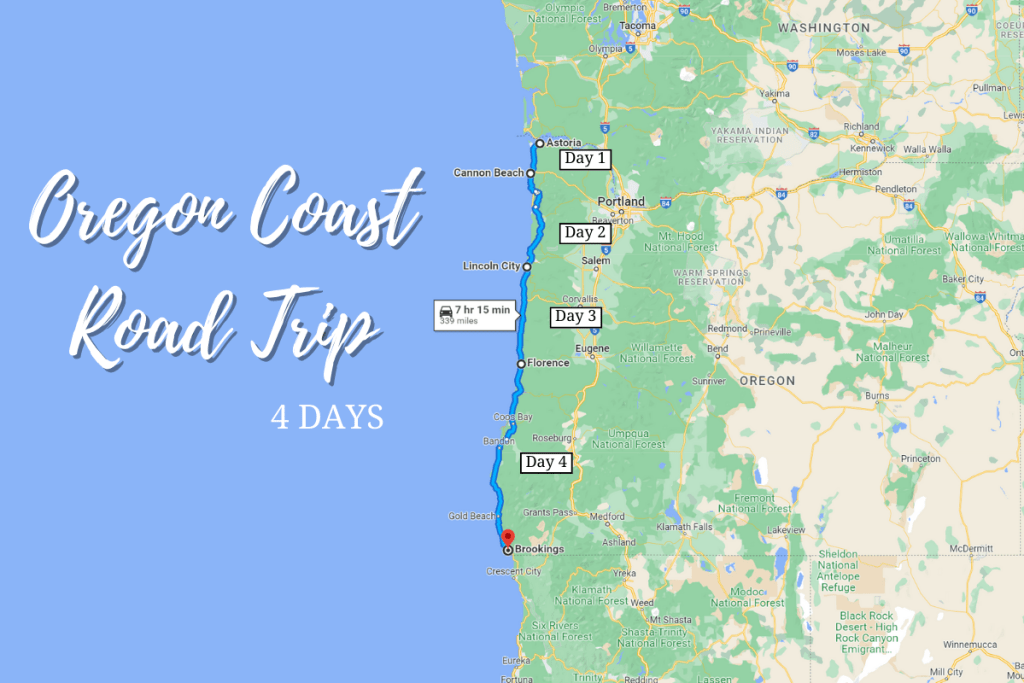 4 day Oregon Coast road trip itinerary map