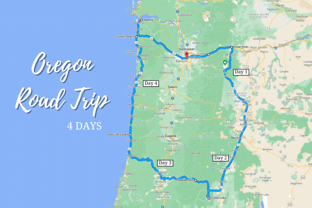 map of a 4 day Oregon Road Trip itinerary