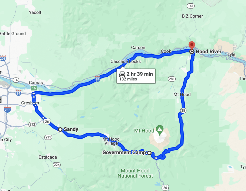 Map of Mount Hood Scenic Loop in Oregon