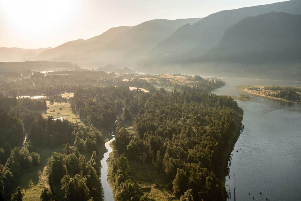 View down the Columbia River Gorge at Sunrise