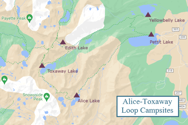 map of campsites on Alice Toxaway loop