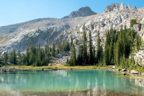 brilliant blue lake in Sawtooth Wilderness from hiking Alice Toxaway Loop Trail