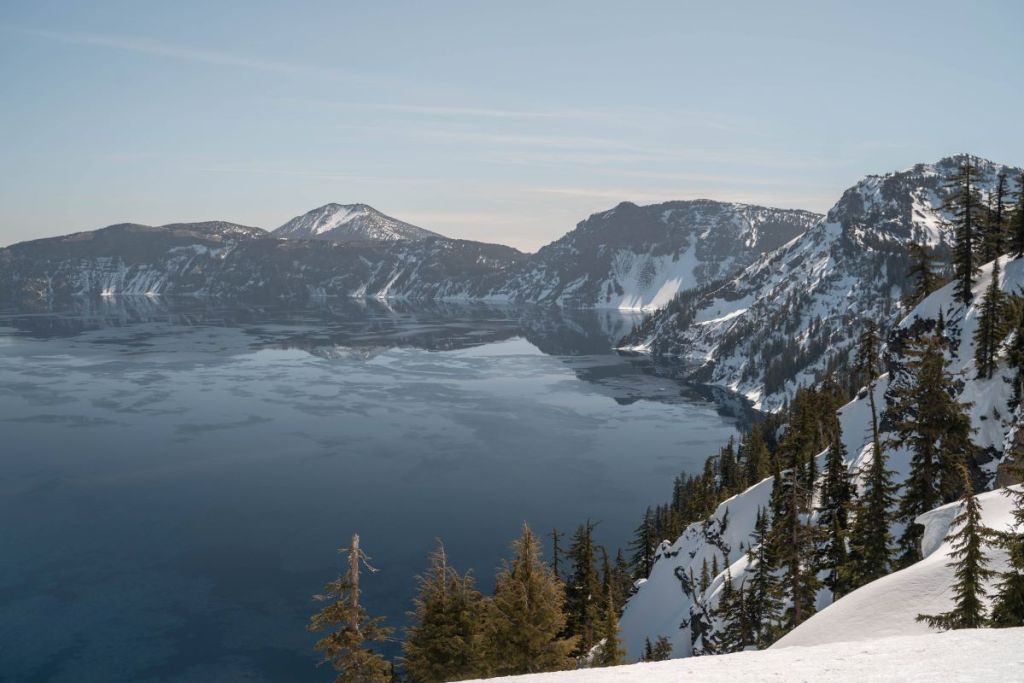 view of crater lake in Early April from discovery point, a stop on a 4 day oregon road trip