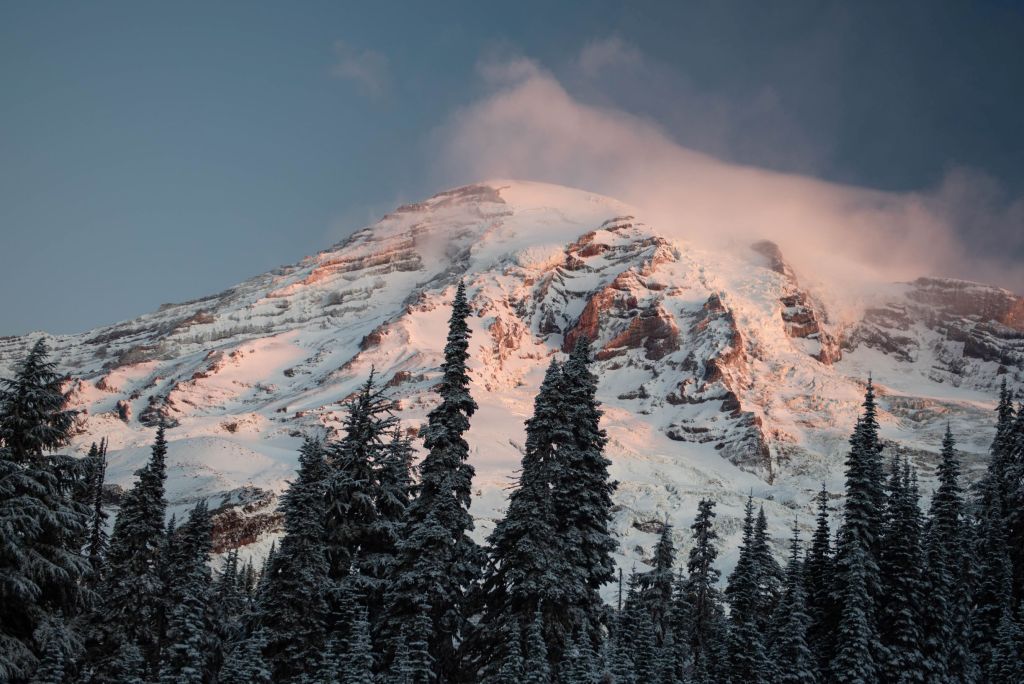 sunrise hitting Mount Rainier's peak