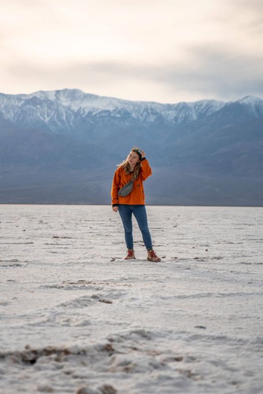 girl in orange at Badwater Basin salt flats