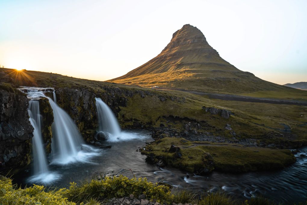 Kirkjufell and Kirkjufellsfoss at sunset