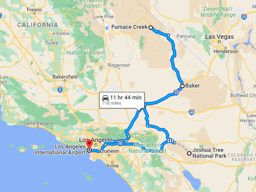 map of road trip from los angeles to joshua tree and death valley