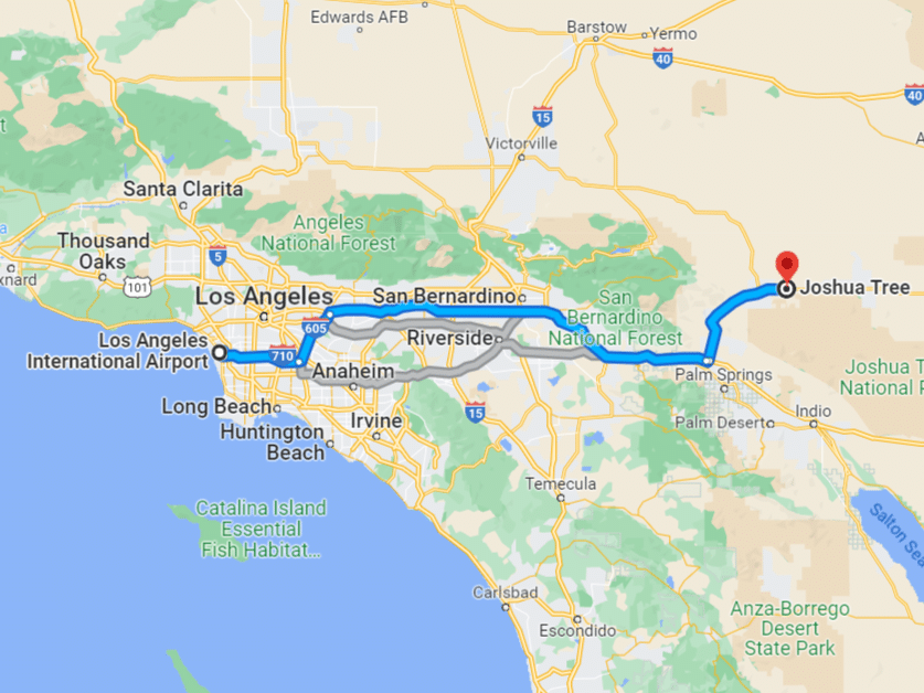 Map of Los Angeles to Joshua Tree National Park- from Google Maps