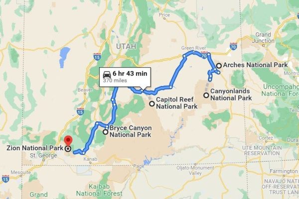 map of road trip drive through Utah's National Parks