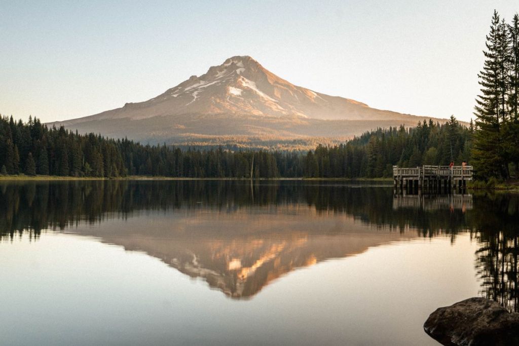 mount hood from trillium lake at sunrise