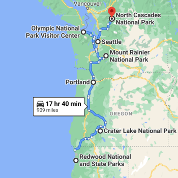 Pacific Northwest National Parks Map from Google Maps