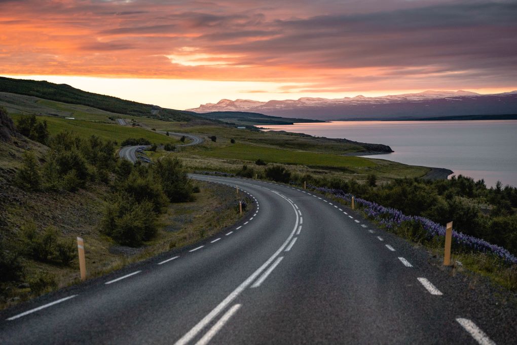 Iceland's winding ring road under the midnight sun