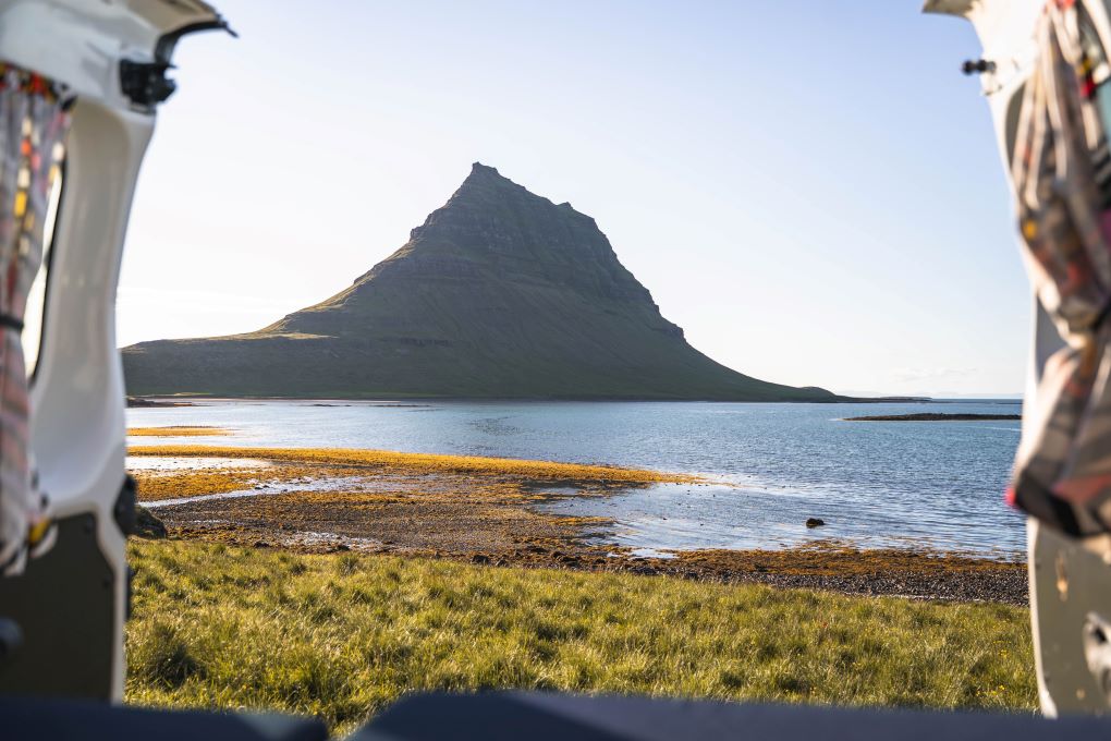 camping view out of the back of a campervan rental in iceland