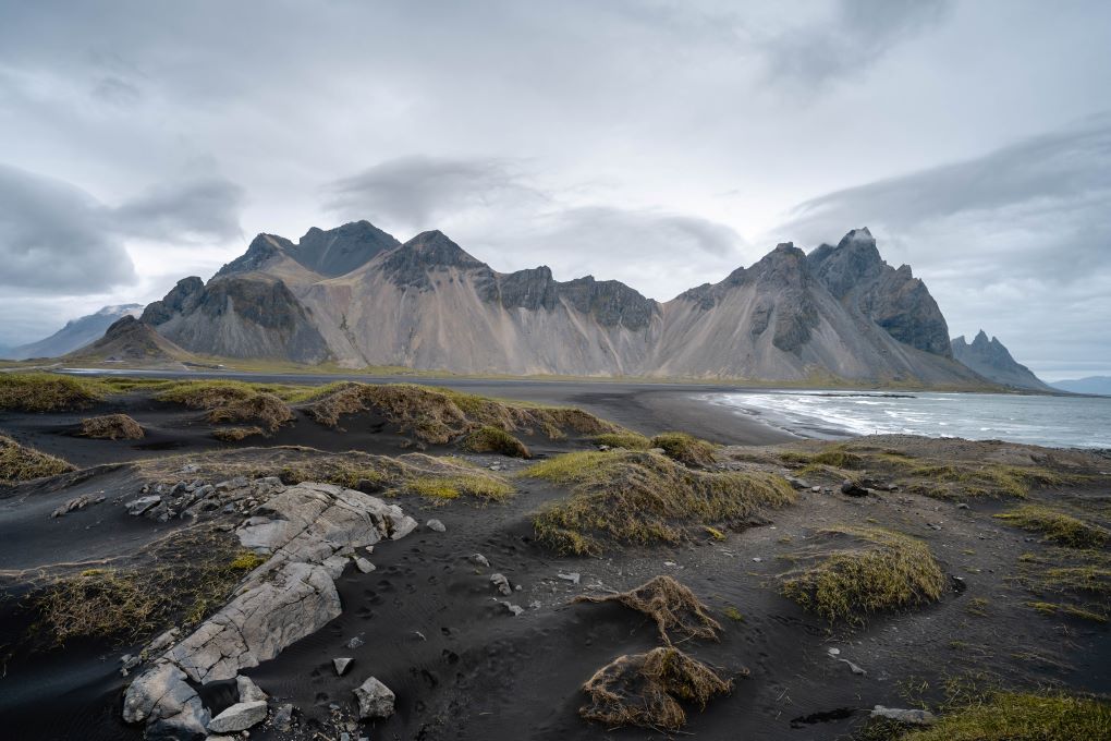 clear view of Vestrahorn mountain on a windy moody day