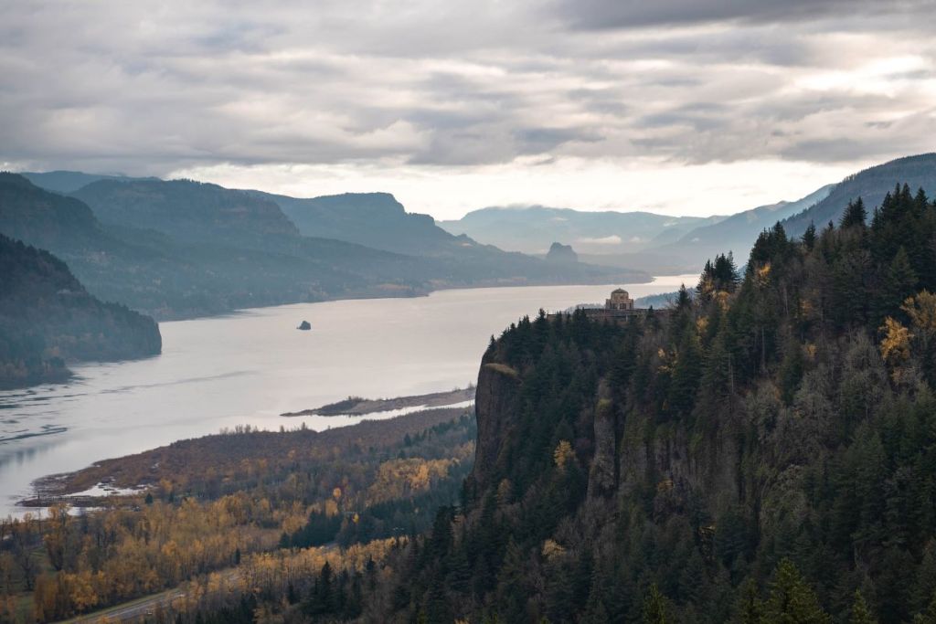 view down Columbia river gorge of Vista House