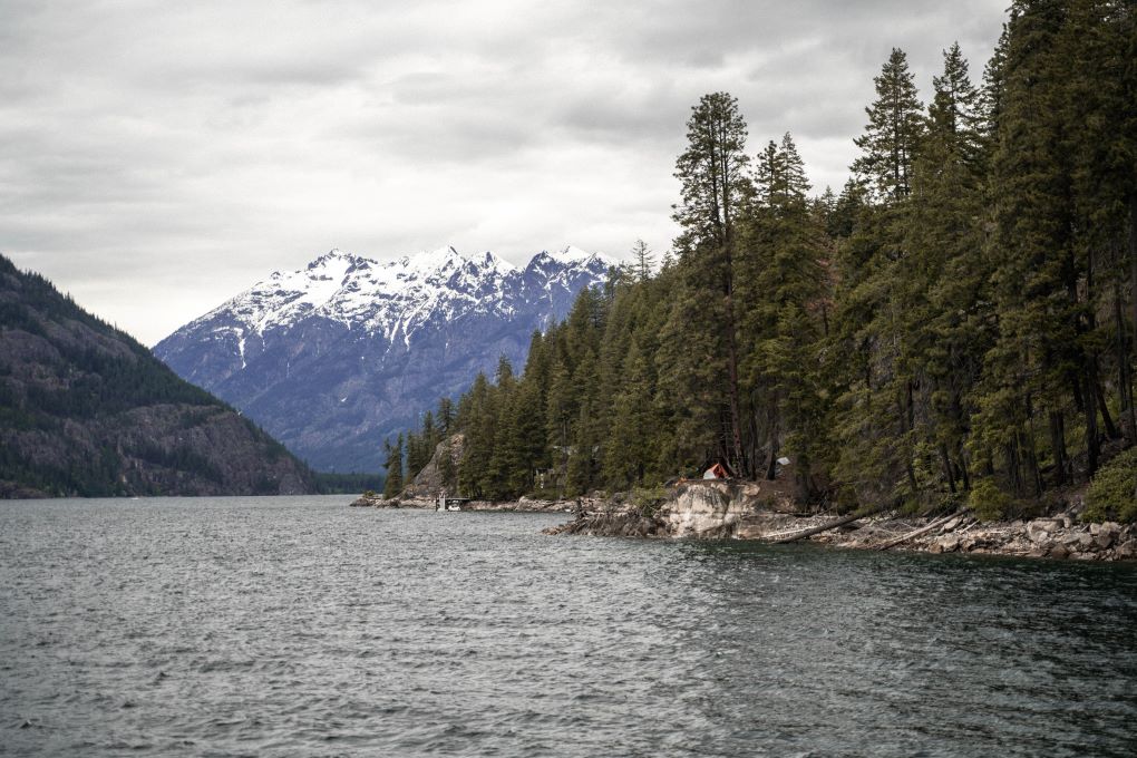 view towards North Cascades across lake in Pacific Northwest