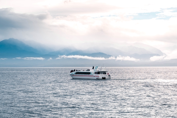 Puget Sound Express whale watching tour boat with the olympic peninsula behind it